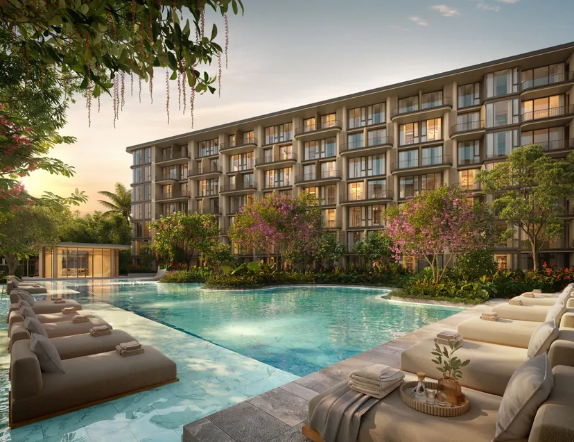 Residential facade and pools — developer visualization
